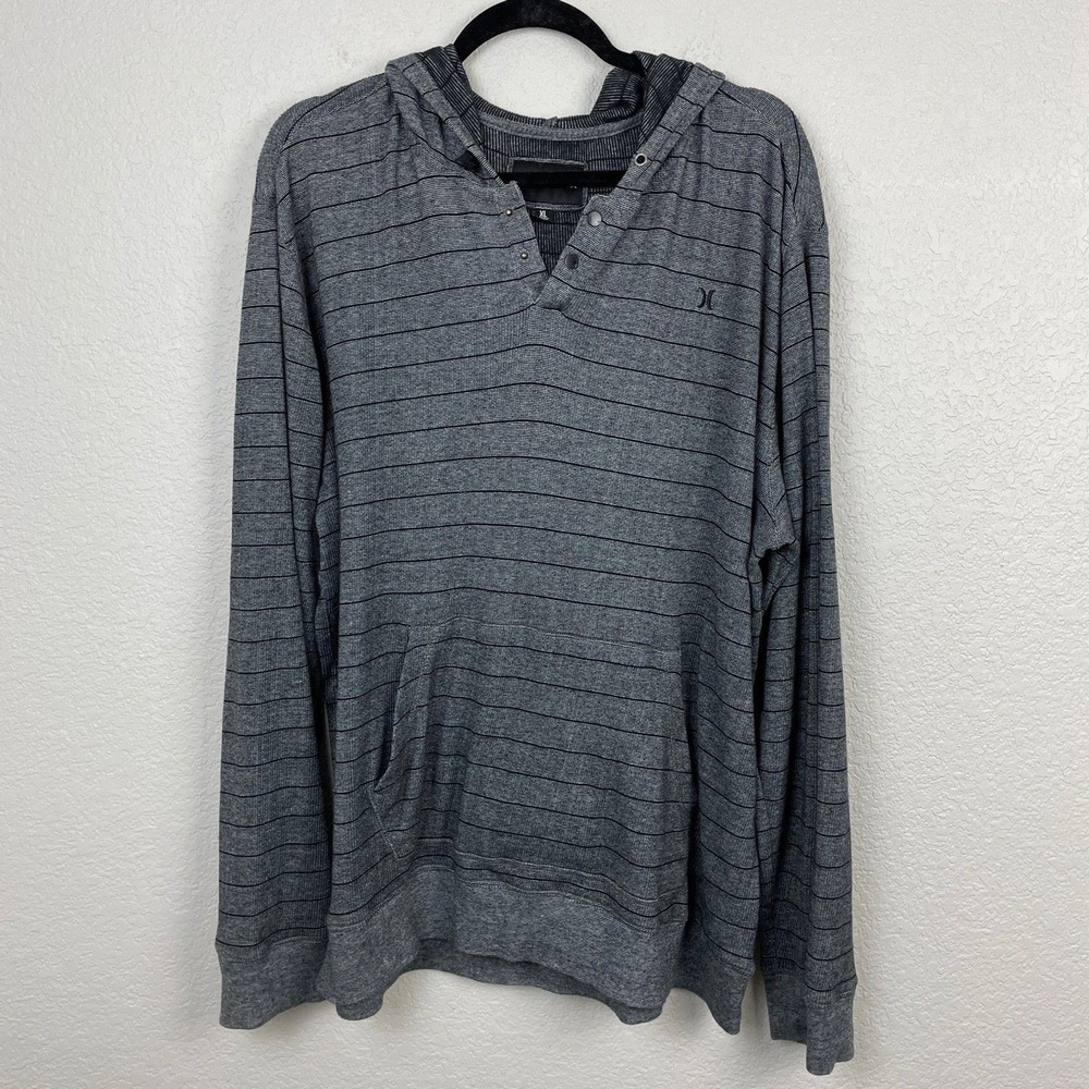 Hurley Henley Shirt Mens XL Striped Hooded Gray Pocket Long Sleeve Cotton Casual